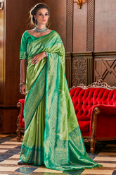 Designer contrasting Light Green exclusive woven silk saree with pure weaving silk, zari woven butta and contrast border pallu